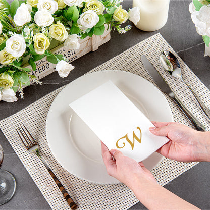 Luxenap Rectangle Gold Letter W White Paper Linen-Feel Guest Towel / Napkin - Air Laid, Cursive Font - 15 3/4" x 8" - 2000 count box