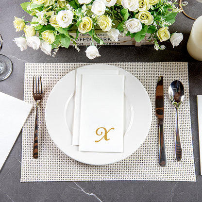 Luxenap Rectangle Gold Letter X White Paper Linen-Feel Guest Towel / Napkin - Air Laid, Cursive Font - 15 3/4" x 8" - 50 count box