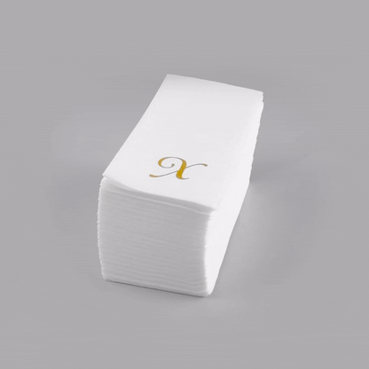 Luxenap Rectangle Gold Letter X White Paper Linen-Feel Guest Towel / Napkin - Air Laid, Cursive Font - 15 3/4" x 8" - 50 count box