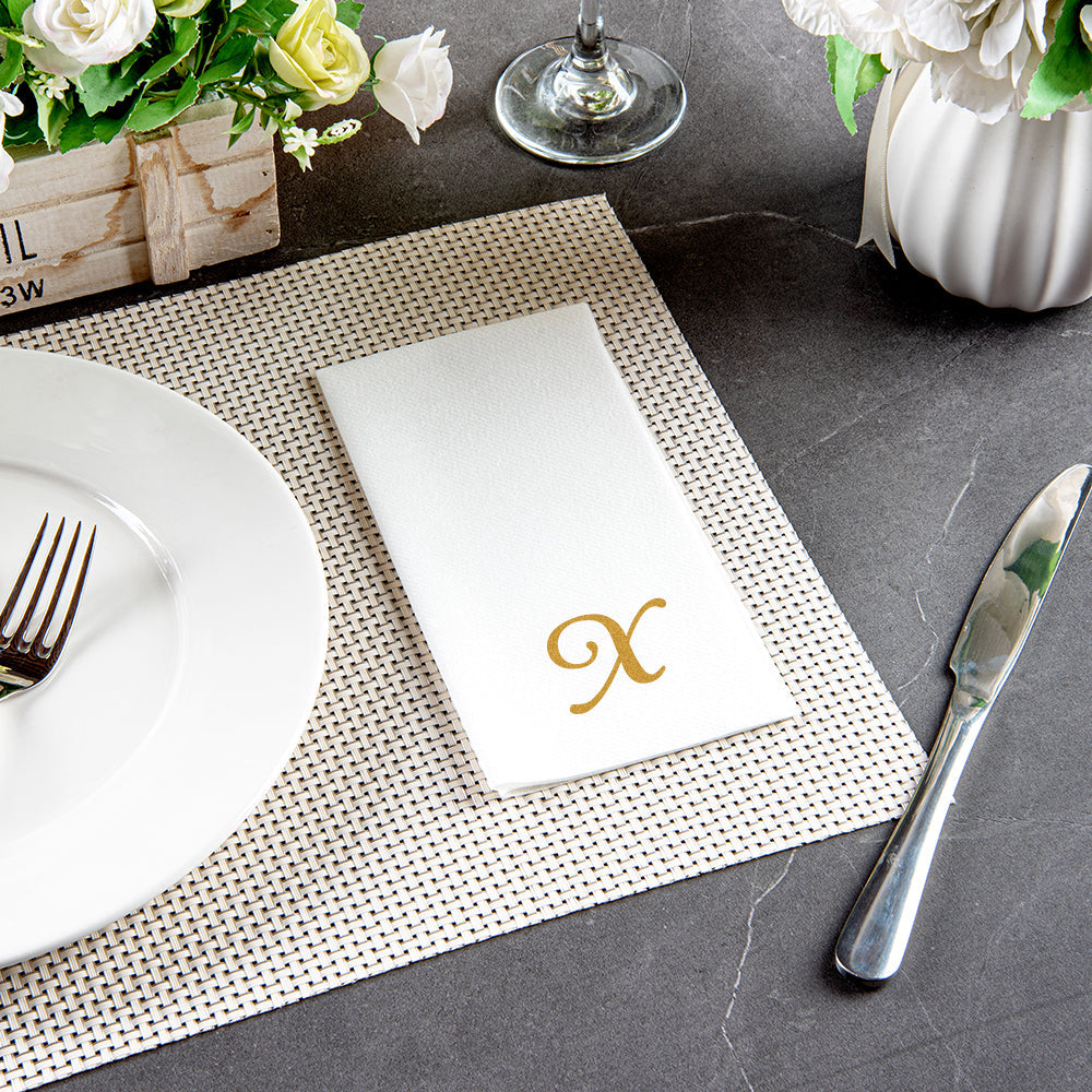 Luxenap Rectangle Gold Letter X White Paper Linen-Feel Guest Towel / Napkin - Air Laid, Cursive Font - 15 3/4" x 8" - 50 count box