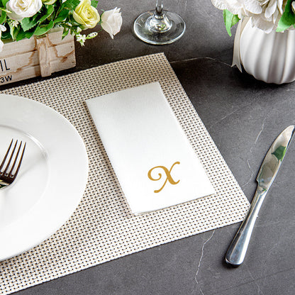 Luxenap Rectangle Gold Letter X White Paper Linen-Feel Guest Towel / Napkin - Air Laid, Cursive Font - 15 3/4" x 8" - 50 count box