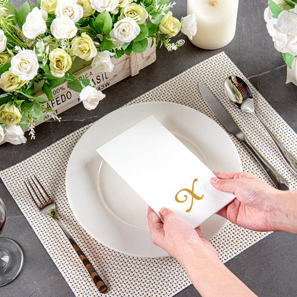 Luxenap Rectangle Gold Letter X White Paper Linen-Feel Guest Towel / Napkin - Air Laid, Cursive Font - 15 3/4" x 8" - 50 count box