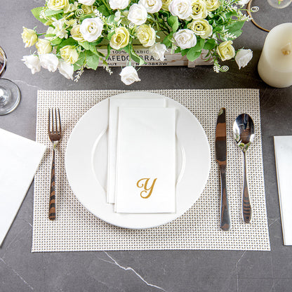 Luxenap Rectangle Gold Letter Y White Paper Linen-Feel Guest Towel / Napkin - Air Laid, Cursive Font - 15 3/4" x 8" - 50 count box