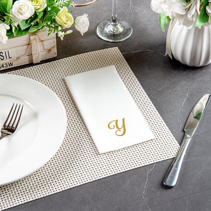 Luxenap Rectangle Gold Letter Y White Paper Linen-Feel Guest Towel / Napkin - Air Laid, Cursive Font - 15 3/4" x 8" - 50 count box