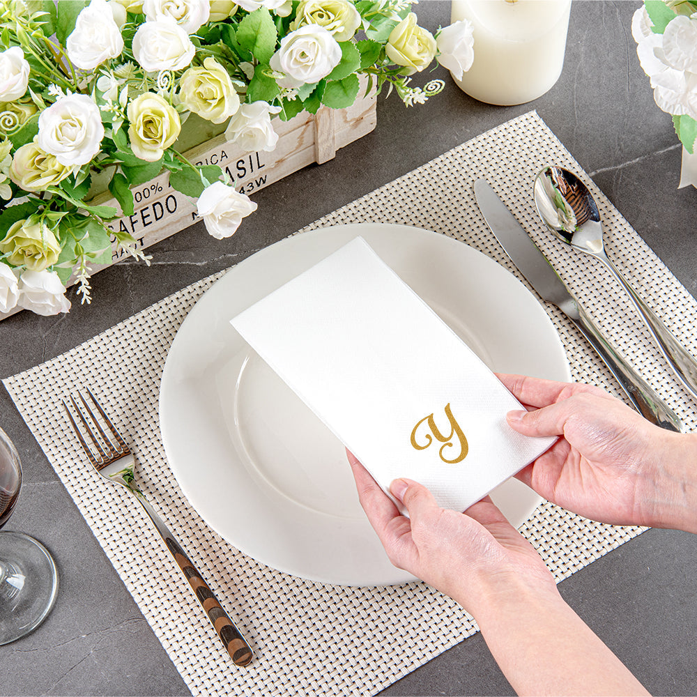 Luxenap Rectangle Gold Letter Y White Paper Linen-Feel Guest Towel / Napkin - Air Laid, Cursive Font - 15 3/4" x 8" - 2000 count box