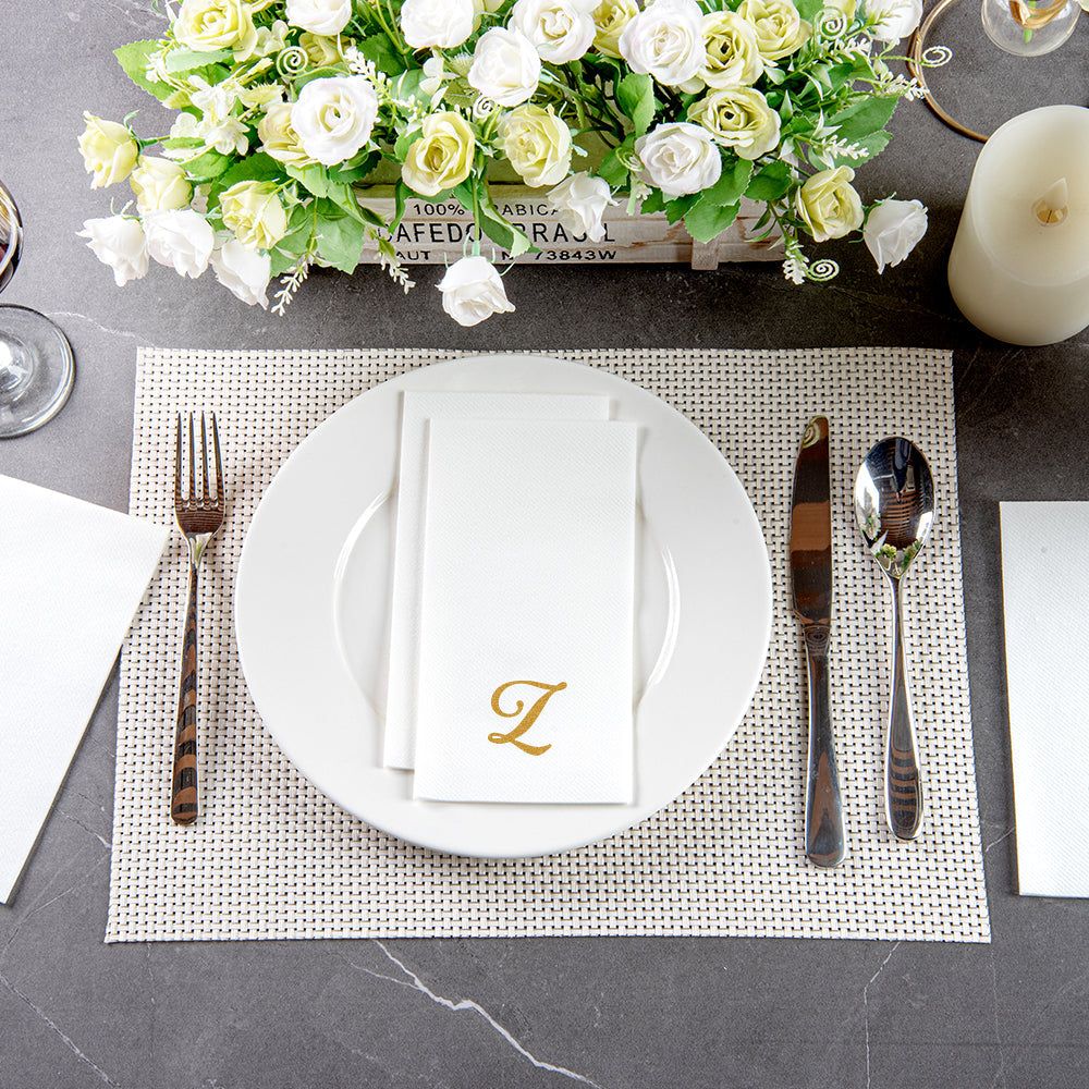 Luxenap Rectangle Gold Letter Z White Paper Linen-Feel Guest Towel / Napkin - Air Laid, Cursive Font - 15 3/4" x 8" - 2000 count box