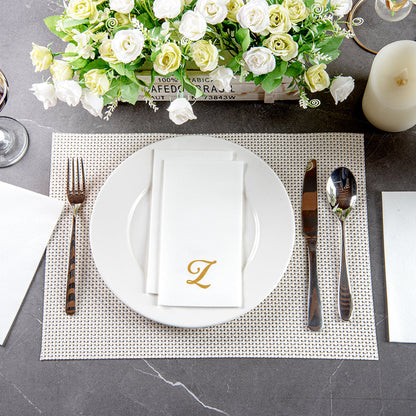 Luxenap Rectangle Gold Letter Z White Paper Linen-Feel Guest Towel / Napkin - Air Laid, Cursive Font - 15 3/4" x 8" - 2000 count box