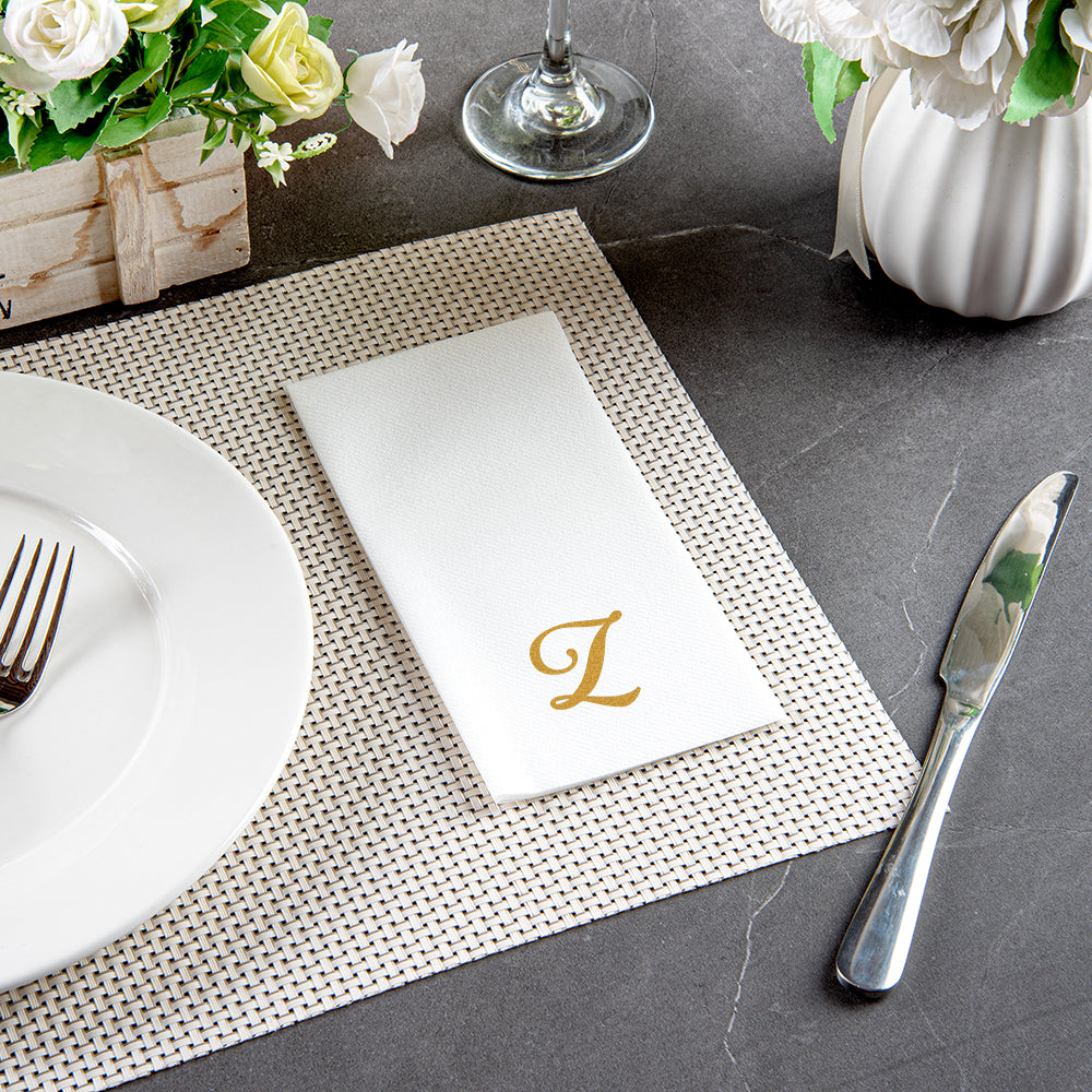 Luxenap Rectangle Gold Letter Z White Paper Linen-Feel Guest Towel / Napkin - Air Laid, Cursive Font - 15 3/4" x 8" - 50 count box