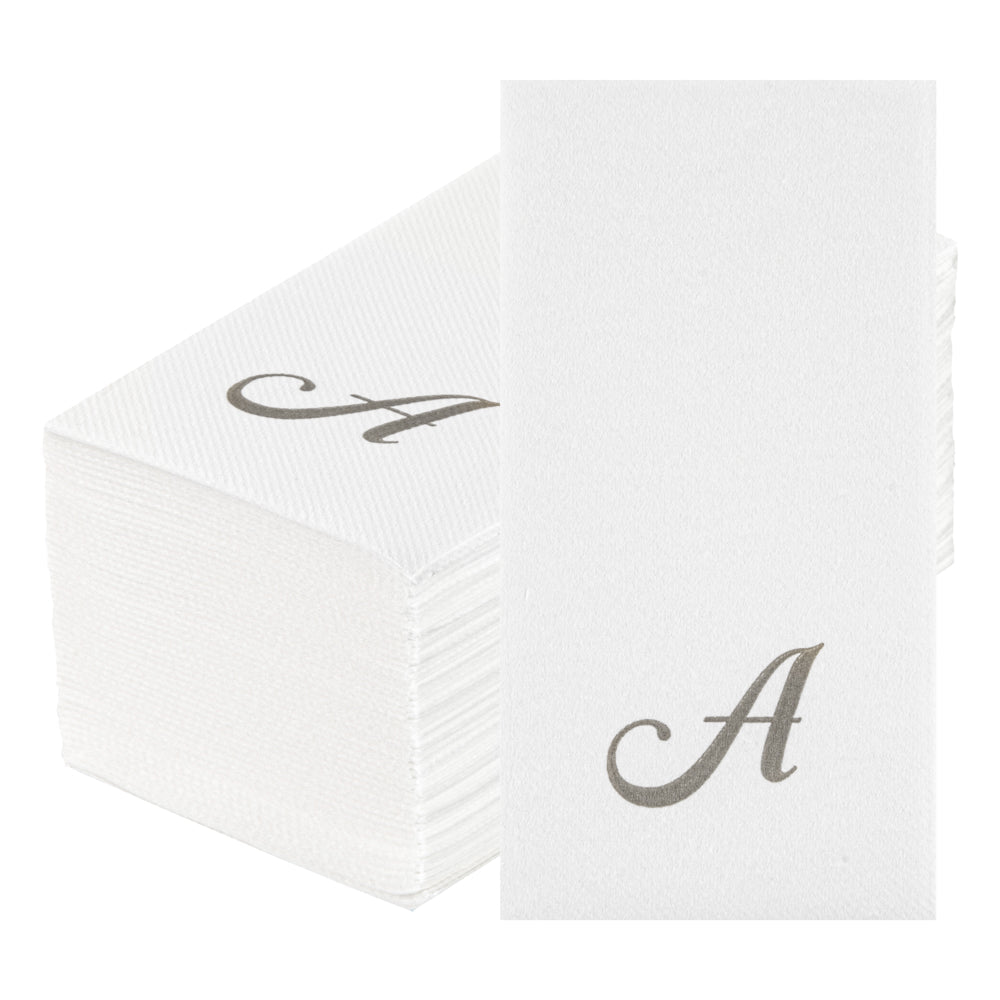Luxenap Rectangle Silver Letter A White Paper Linen-Feel Guest Towel / Napkin - Air Laid, Cursive Font - 15 3/4" x 8" - 2000 count box