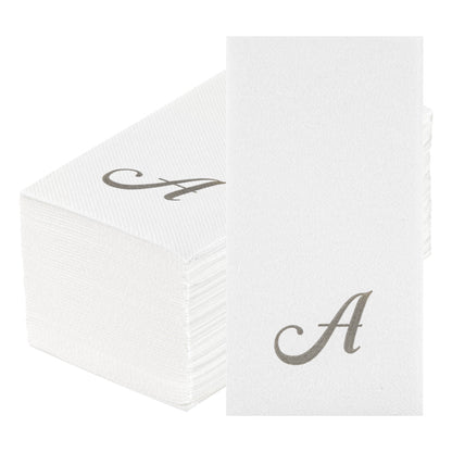 Luxenap Rectangle Silver Letter A White Paper Linen-Feel Guest Towel / Napkin - Air Laid, Cursive Font - 15 3/4" x 8" - 2000 count box