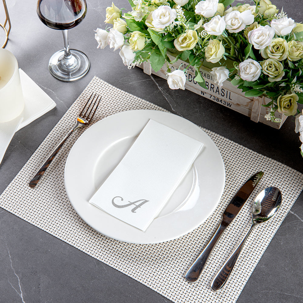 Luxenap Rectangle Silver Letter A White Paper Linen-Feel Guest Towel / Napkin - Air Laid, Cursive Font - 15 3/4" x 8" - 2000 count box