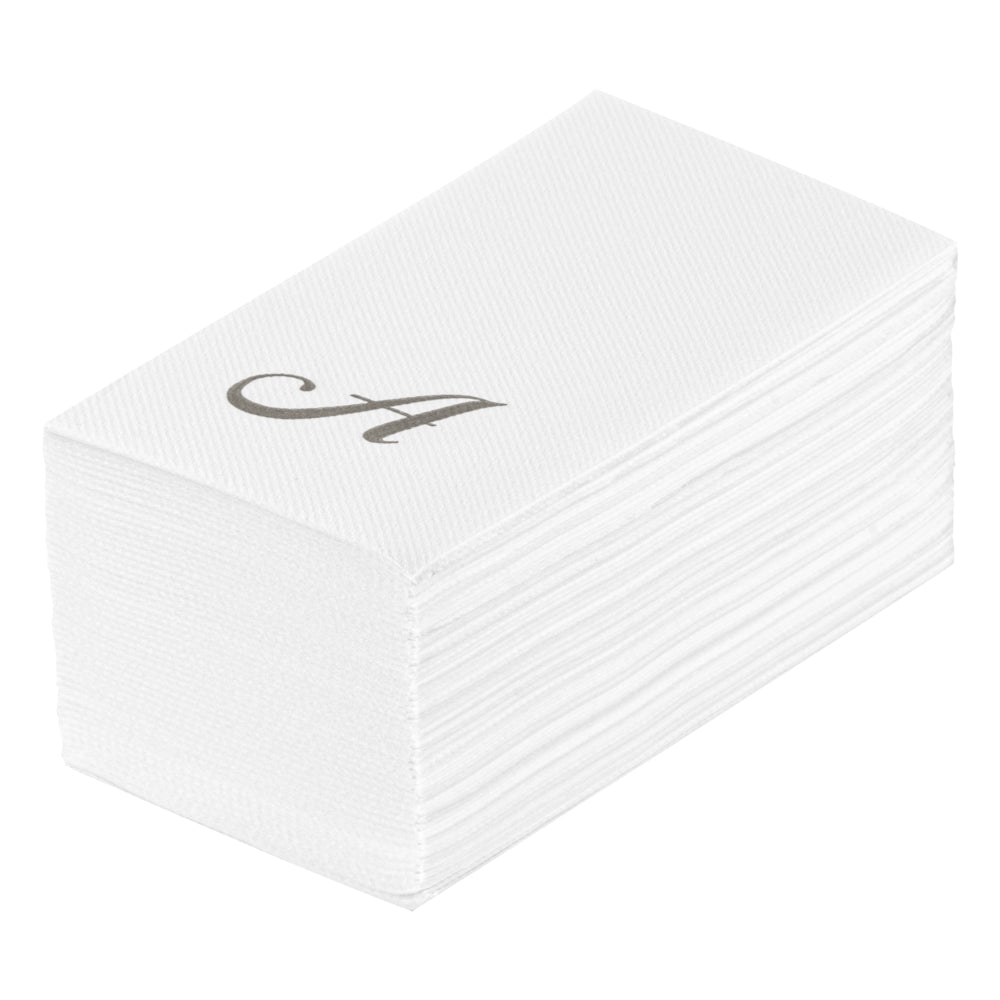 Luxenap Rectangle Silver Letter A White Paper Linen-Feel Guest Towel / Napkin - Air Laid, Cursive Font - 15 3/4" x 8" - 50 count box