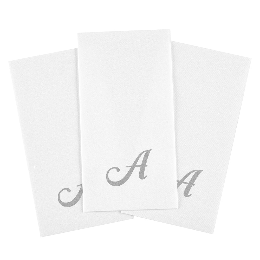 Luxenap Rectangle Silver Letter A White Paper Linen-Feel Guest Towel / Napkin - Air Laid, Cursive Font - 15 3/4" x 8" - 50 count box