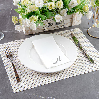Luxenap Rectangle Silver Letter A White Paper Linen-Feel Guest Towel / Napkin - Air Laid, Cursive Font - 15 3/4" x 8" - 50 count box