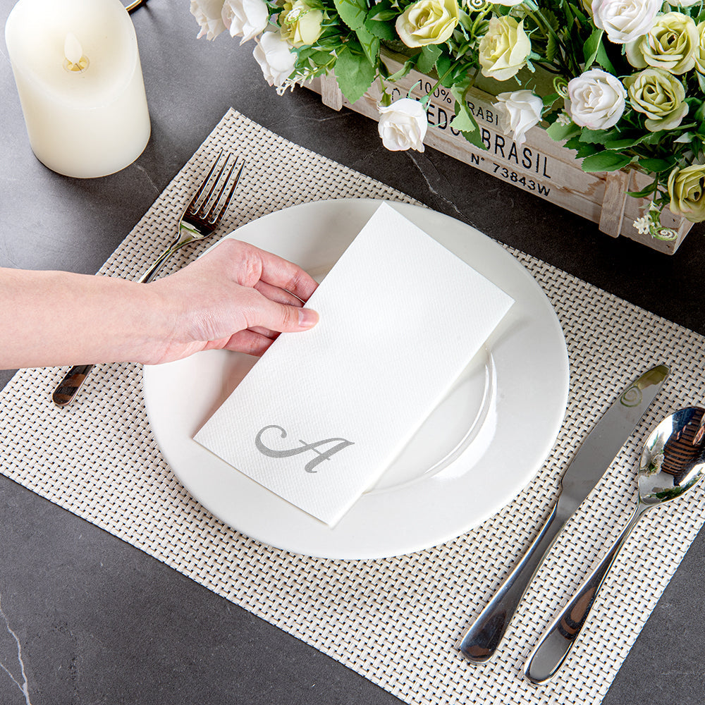 Luxenap Rectangle Silver Letter A White Paper Linen-Feel Guest Towel / Napkin - Air Laid, Cursive Font - 15 3/4" x 8" - 50 count box