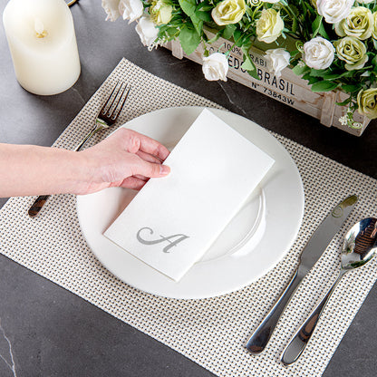 Luxenap Rectangle Silver Letter A White Paper Linen-Feel Guest Towel / Napkin - Air Laid, Cursive Font - 15 3/4" x 8" - 50 count box