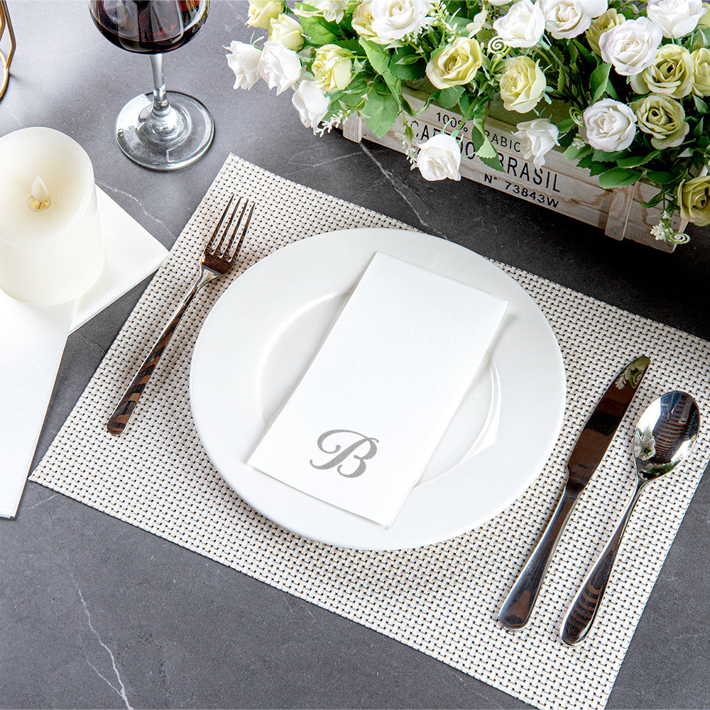 Luxenap Rectangle Silver Letter B White Paper Linen-Feel Guest Towel / Napkin - Air Laid, Cursive Font - 15 3/4" x 8" - 2000 count box