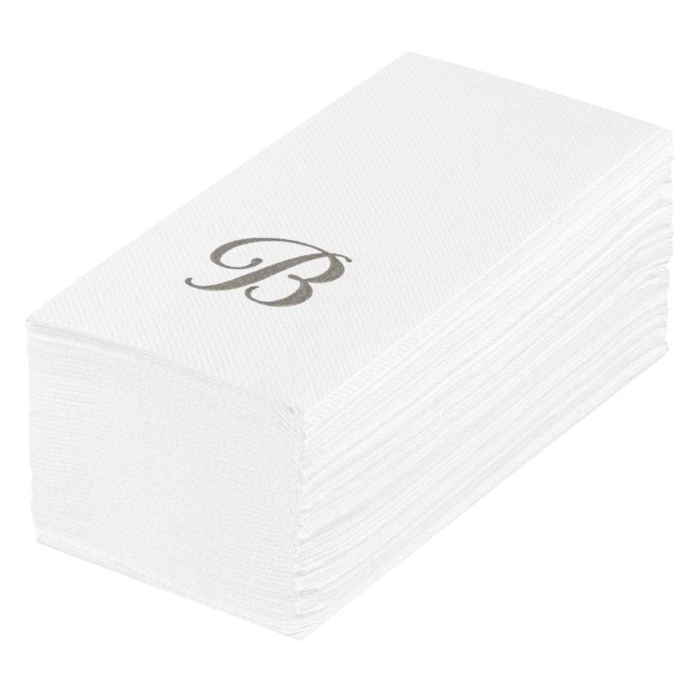 Luxenap Rectangle Silver Letter B White Paper Linen-Feel Guest Towel / Napkin - Air Laid, Cursive Font - 15 3/4" x 8" - 50 count box