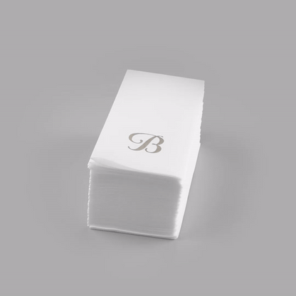 Luxenap Rectangle Silver Letter B White Paper Linen-Feel Guest Towel / Napkin - Air Laid, Cursive Font - 15 3/4" x 8" - 50 count box