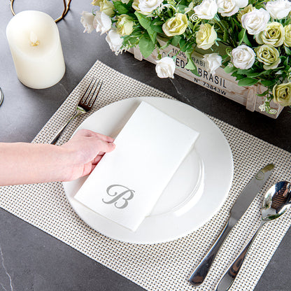 Luxenap Rectangle Silver Letter B White Paper Linen-Feel Guest Towel / Napkin - Air Laid, Cursive Font - 15 3/4" x 8" - 50 count box