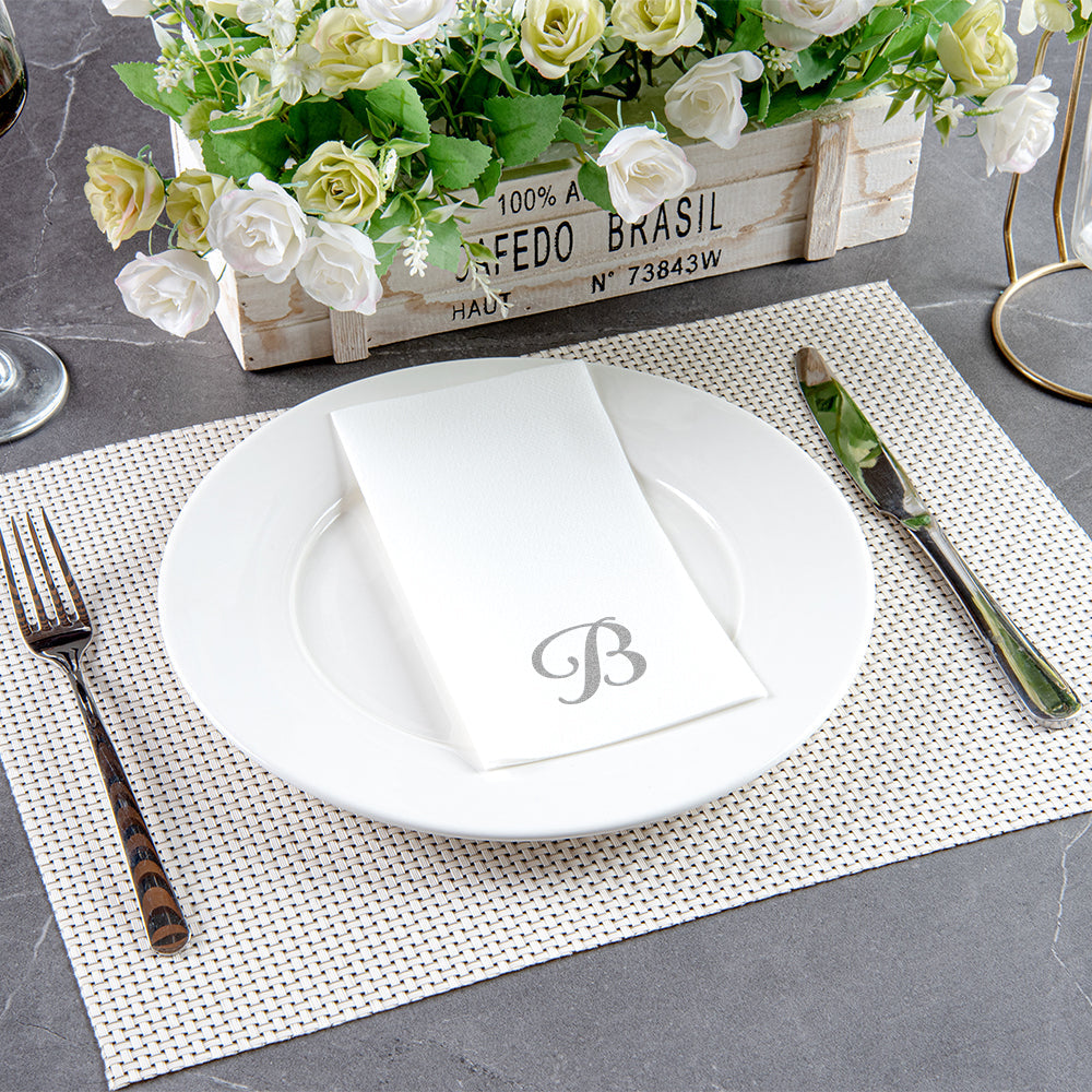 Luxenap Rectangle Silver Letter B White Paper Linen-Feel Guest Towel / Napkin - Air Laid, Cursive Font - 15 3/4" x 8" - 2000 count box