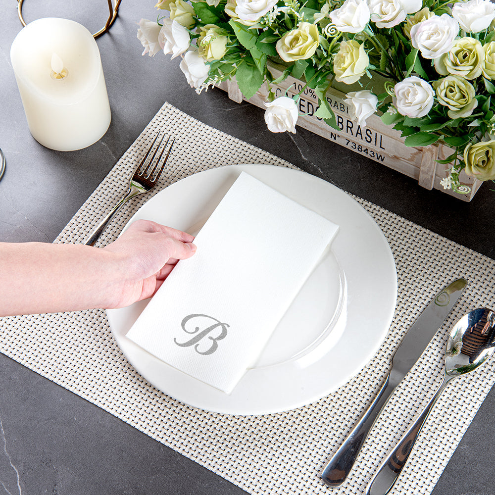 Luxenap Rectangle Silver Letter B White Paper Linen-Feel Guest Towel / Napkin - Air Laid, Cursive Font - 15 3/4" x 8" - 2000 count box