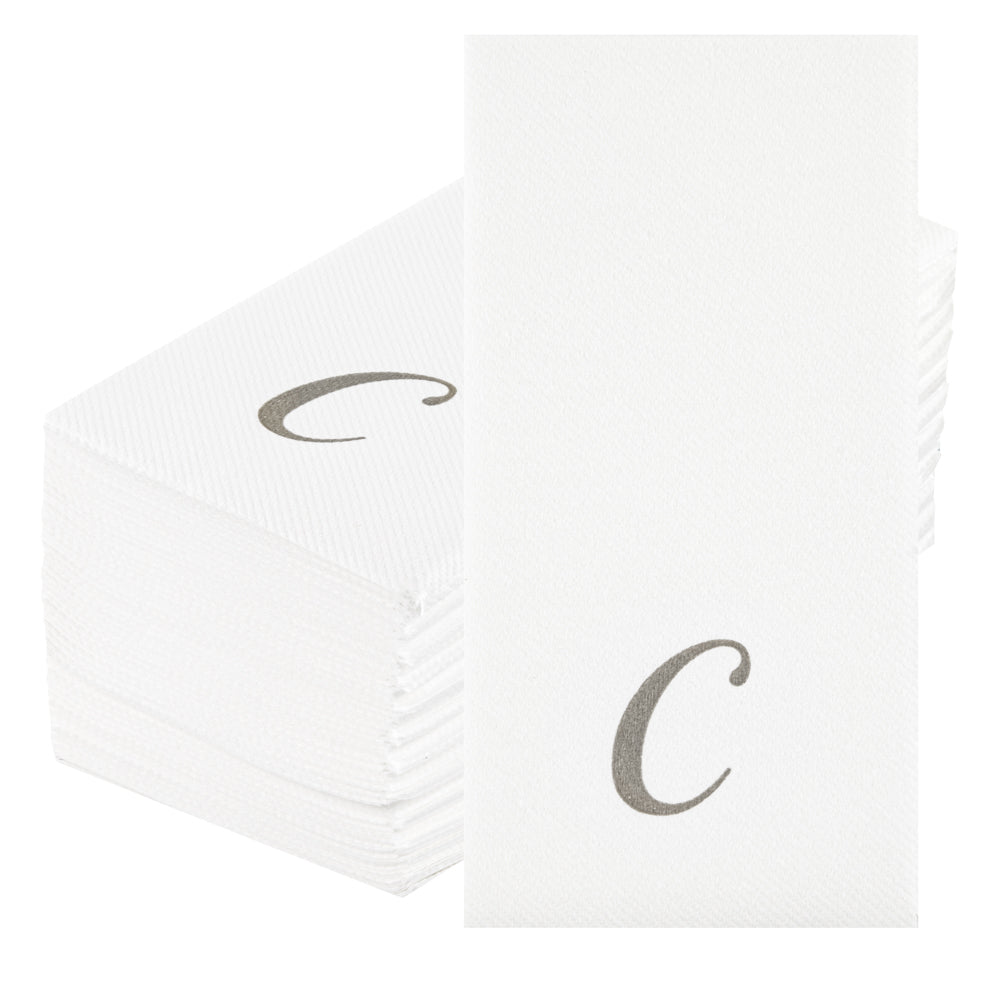 Luxenap Rectangle Silver Letter C White Paper Linen-Feel Guest Towel / Napkin - Air Laid, Cursive Font - 15 3/4" x 8" - 50 count box