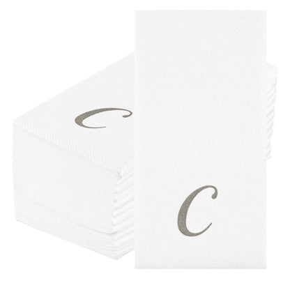 Luxenap Rectangle Silver Letter C White Paper Linen-Feel Guest Towel / Napkin - Air Laid, Cursive Font - 15 3/4" x 8" - 50 count box