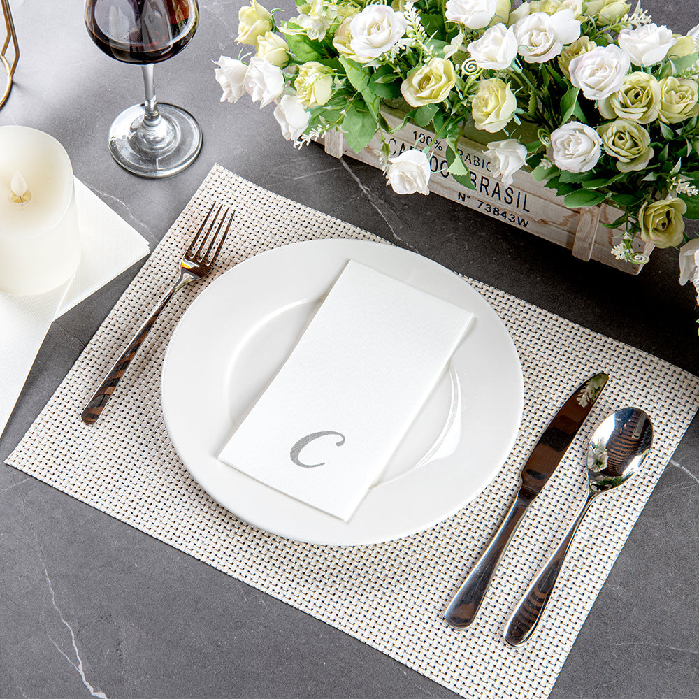 Luxenap Rectangle Silver Letter C White Paper Linen-Feel Guest Towel / Napkin - Air Laid, Cursive Font - 15 3/4" x 8" - 50 count box
