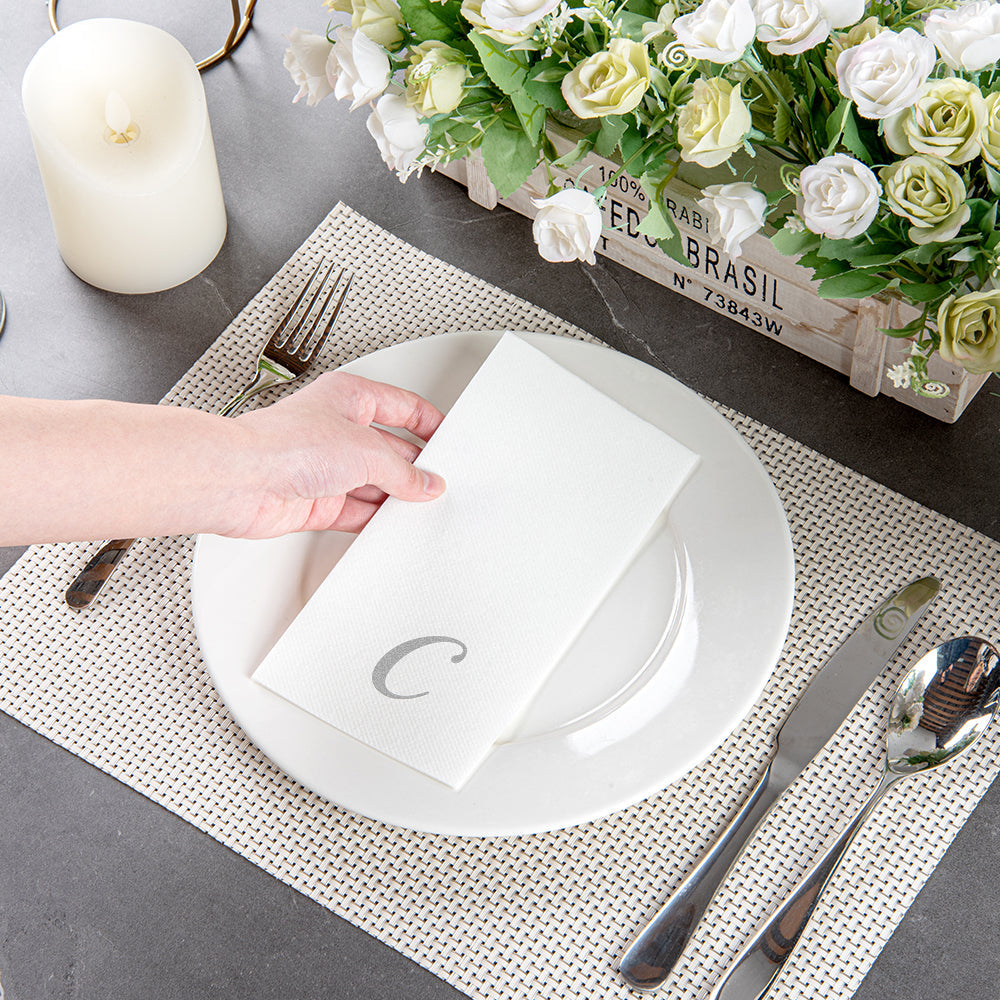 Luxenap Rectangle Silver Letter C White Paper Linen-Feel Guest Towel / Napkin - Air Laid, Cursive Font - 15 3/4" x 8" - 50 count box
