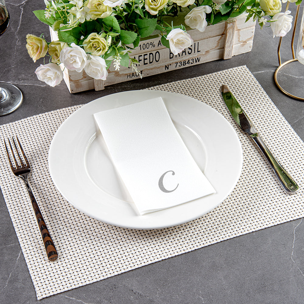Luxenap Rectangle Silver Letter C White Paper Linen-Feel Guest Towel / Napkin - Air Laid, Cursive Font - 15 3/4" x 8" - 2000 count box