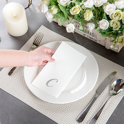 Luxenap Rectangle Silver Letter C White Paper Linen-Feel Guest Towel / Napkin - Air Laid, Cursive Font - 15 3/4" x 8" - 2000 count box