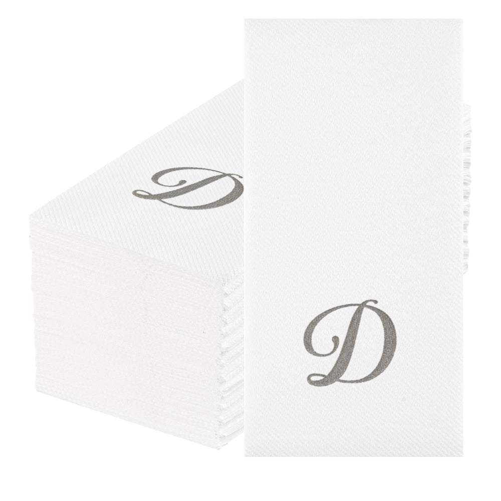 Luxenap Rectangle Silver Letter D White Paper Linen-Feel Guest Towel / Napkin - Air Laid, Cursive Font - 15 3/4" x 8" - 2000 count box