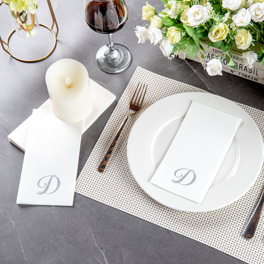 Luxenap Rectangle Silver Letter D White Paper Linen-Feel Guest Towel / Napkin - Air Laid, Cursive Font - 15 3/4" x 8" - 2000 count box