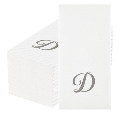 Luxenap Rectangle Silver Letter D White Paper Linen-Feel Guest Towel / Napkin - Air Laid, Cursive Font - 15 3/4" x 8" - 50 count box