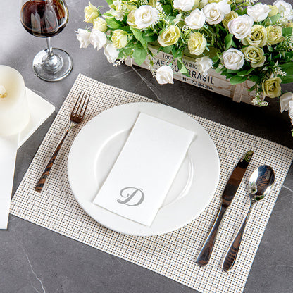 Luxenap Rectangle Silver Letter D White Paper Linen-Feel Guest Towel / Napkin - Air Laid, Cursive Font - 15 3/4" x 8" - 50 count box
