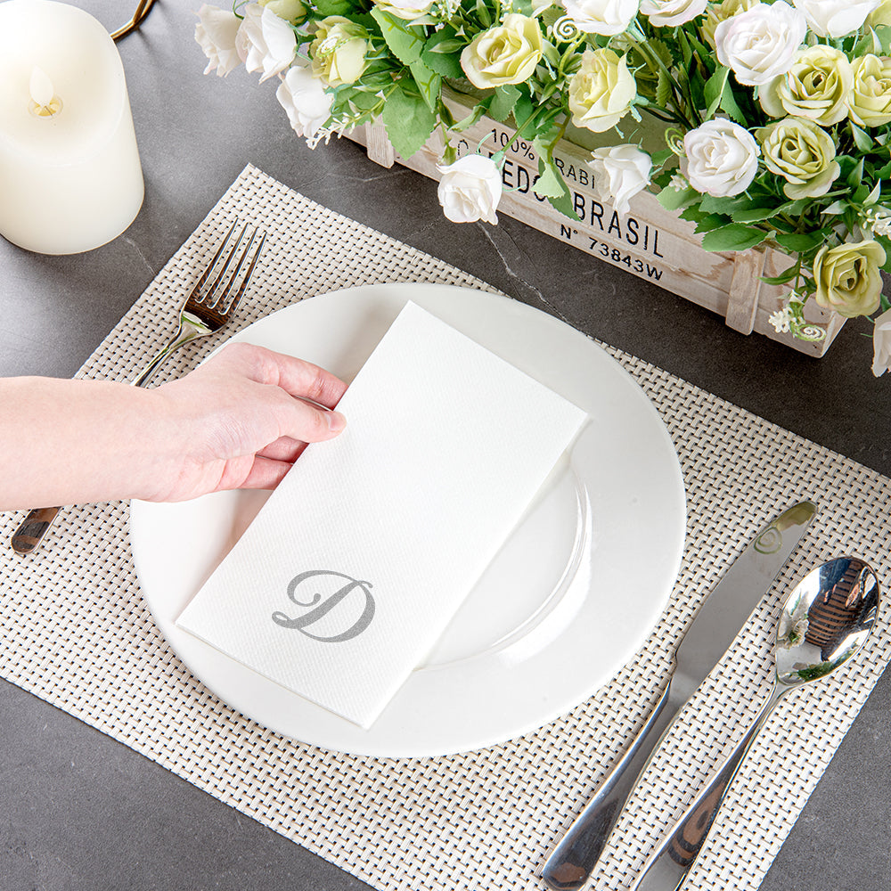 Luxenap Rectangle Silver Letter D White Paper Linen-Feel Guest Towel / Napkin - Air Laid, Cursive Font - 15 3/4" x 8" - 50 count box
