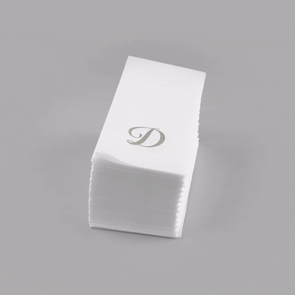 Luxenap Rectangle Silver Letter D White Paper Linen-Feel Guest Towel / Napkin - Air Laid, Cursive Font - 15 3/4" x 8" - 2000 count box