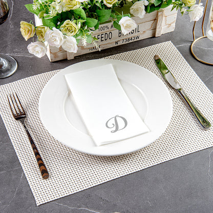 Luxenap Rectangle Silver Letter D White Paper Linen-Feel Guest Towel / Napkin - Air Laid, Cursive Font - 15 3/4" x 8" - 2000 count box