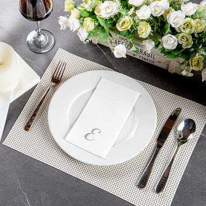 Luxenap Rectangle Silver Letter E White Paper Linen-Feel Guest Towel / Napkin - Air Laid, Cursive Font - 15 3/4" x 8" - 2000 count box