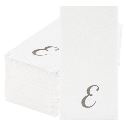 Luxenap Rectangle Silver Letter E White Paper Linen-Feel Guest Towel / Napkin - Air Laid, Cursive Font - 15 3/4" x 8" - 50 count box