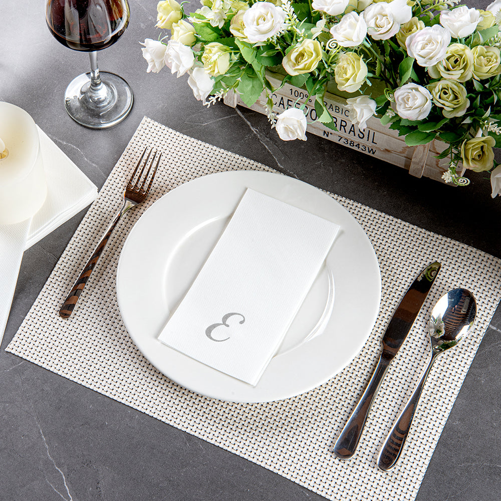 Luxenap Rectangle Silver Letter E White Paper Linen-Feel Guest Towel / Napkin - Air Laid, Cursive Font - 15 3/4" x 8" - 50 count box
