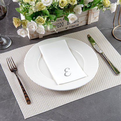 Luxenap Rectangle Silver Letter E White Paper Linen-Feel Guest Towel / Napkin - Air Laid, Cursive Font - 15 3/4" x 8" - 50 count box