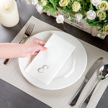 Luxenap Rectangle Silver Letter E White Paper Linen-Feel Guest Towel / Napkin - Air Laid, Cursive Font - 15 3/4" x 8" - 50 count box