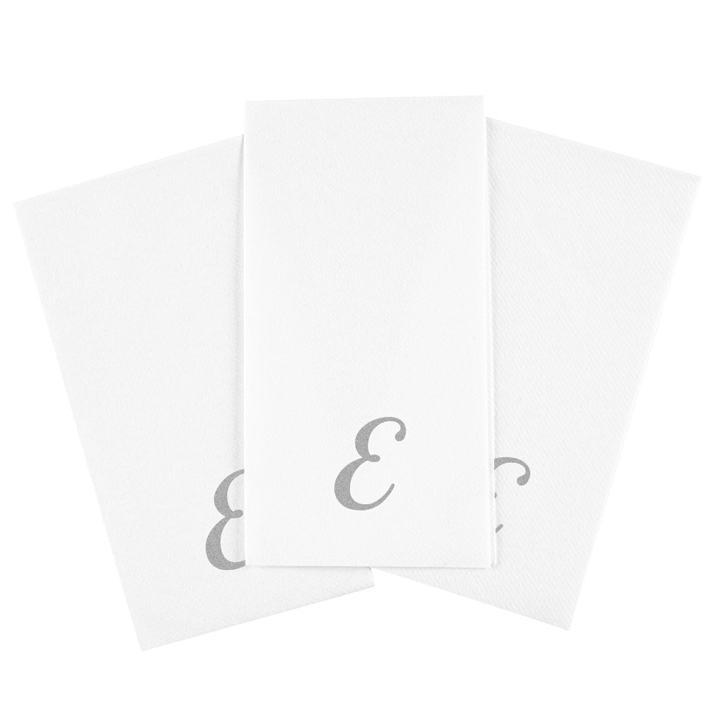 Luxenap Rectangle Silver Letter E White Paper Linen-Feel Guest Towel / Napkin - Air Laid, Cursive Font - 15 3/4" x 8" - 2000 count box
