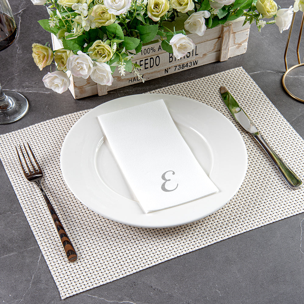 Luxenap Rectangle Silver Letter E White Paper Linen-Feel Guest Towel / Napkin - Air Laid, Cursive Font - 15 3/4" x 8" - 2000 count box