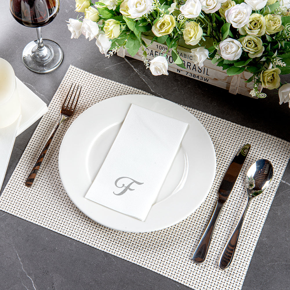 Luxenap Rectangle Silver Letter F White Paper Linen-Feel Guest Towel / Napkin - Air Laid, Cursive Font - 15 3/4" x 8" - 2000 count box