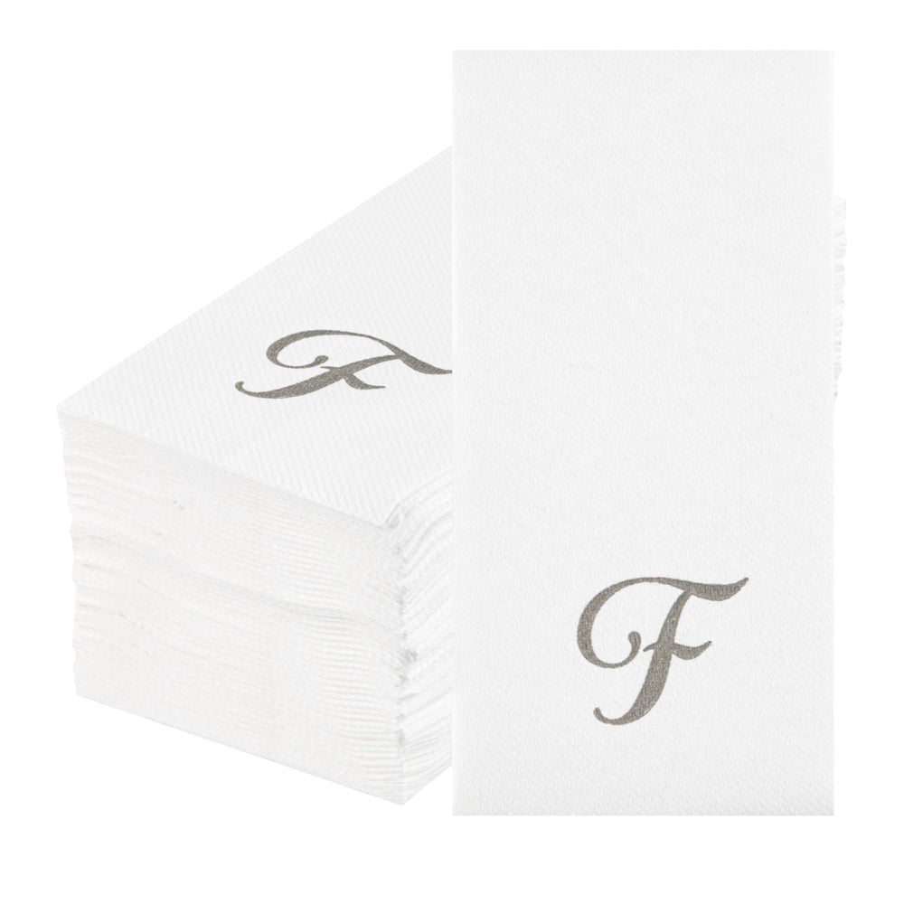 Luxenap Rectangle Silver Letter F White Paper Linen-Feel Guest Towel / Napkin - Air Laid, Cursive Font - 15 3/4" x 8" - 50 count box