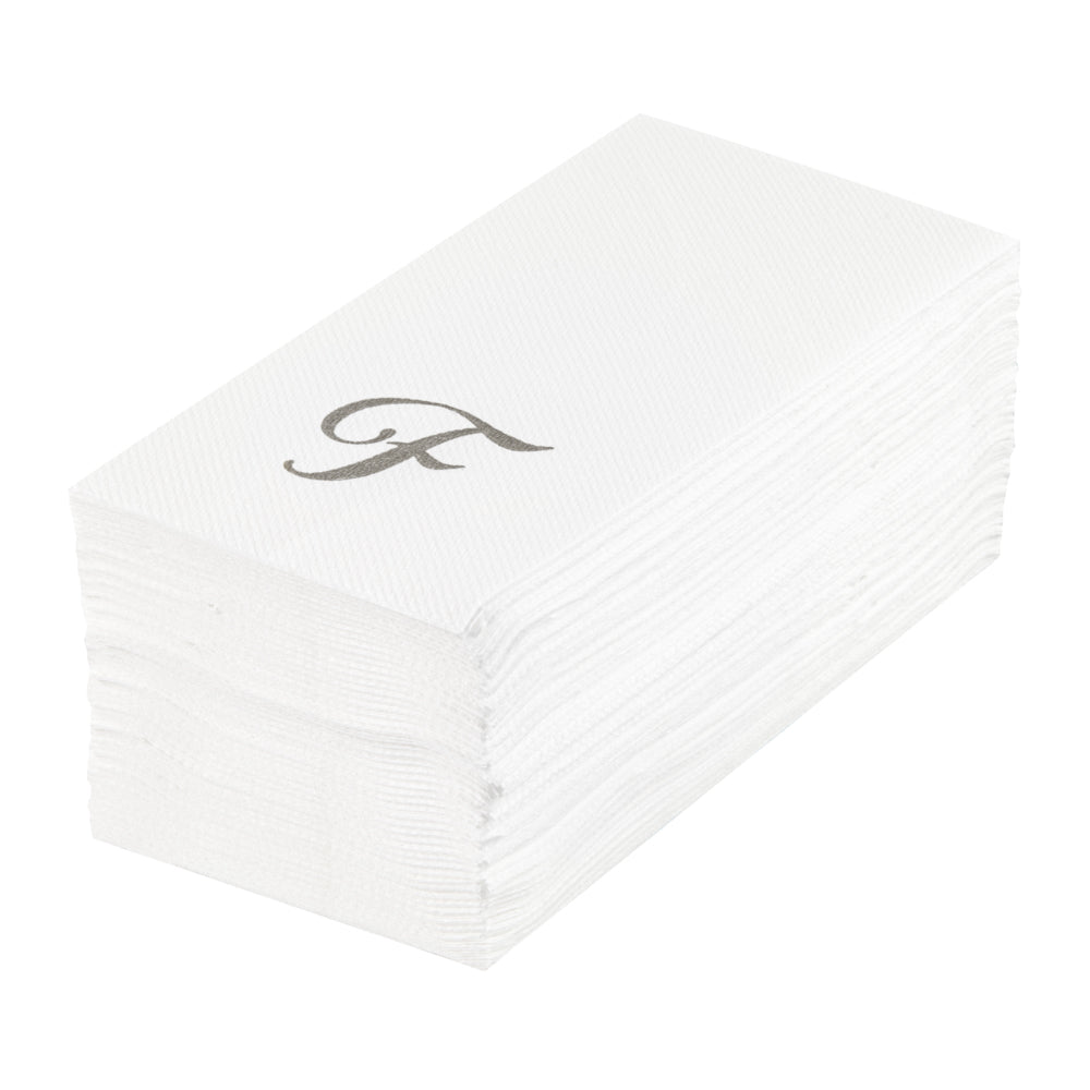 Luxenap Rectangle Silver Letter F White Paper Linen-Feel Guest Towel / Napkin - Air Laid, Cursive Font - 15 3/4" x 8" - 50 count box