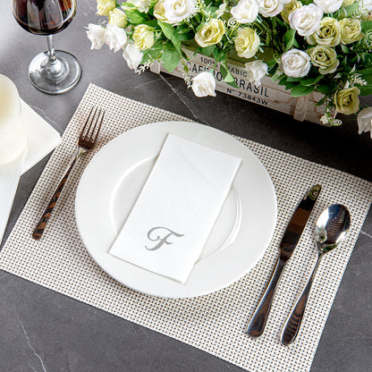 Luxenap Rectangle Silver Letter F White Paper Linen-Feel Guest Towel / Napkin - Air Laid, Cursive Font - 15 3/4" x 8" - 50 count box